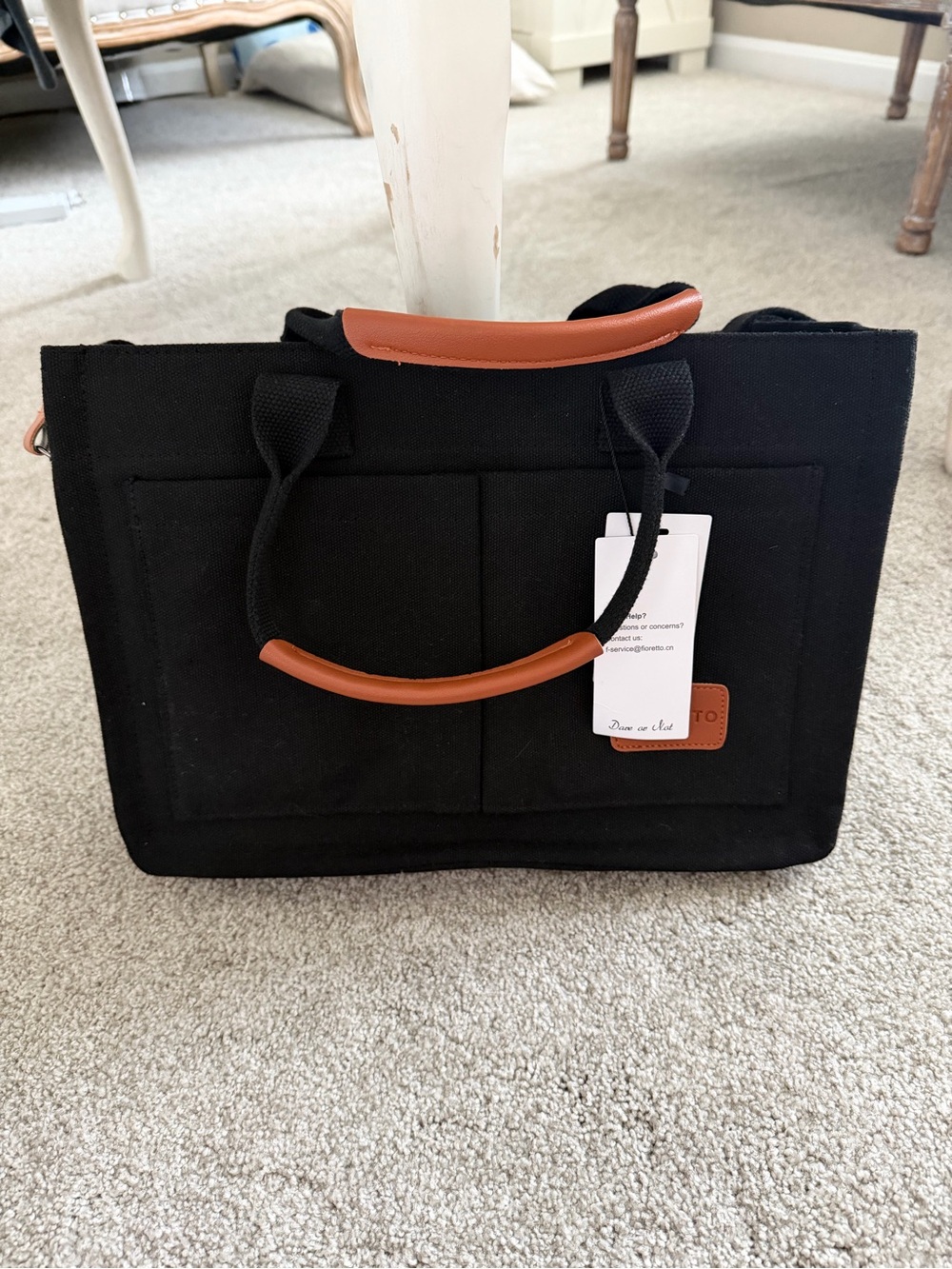 Canvas Tote Bag with Brown Accent Handles - Black